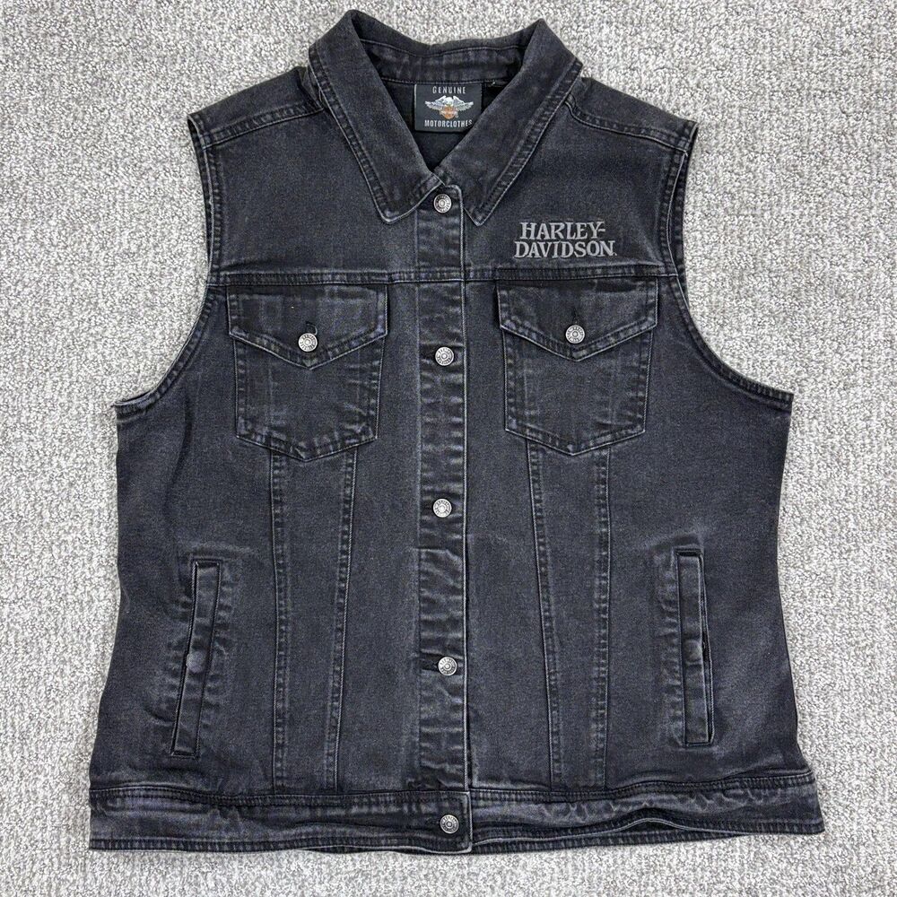 Harley Davidson Vest Womens XL Black Denim Skull Biker Sleeveless Motorcycle - Picture 1 of 8